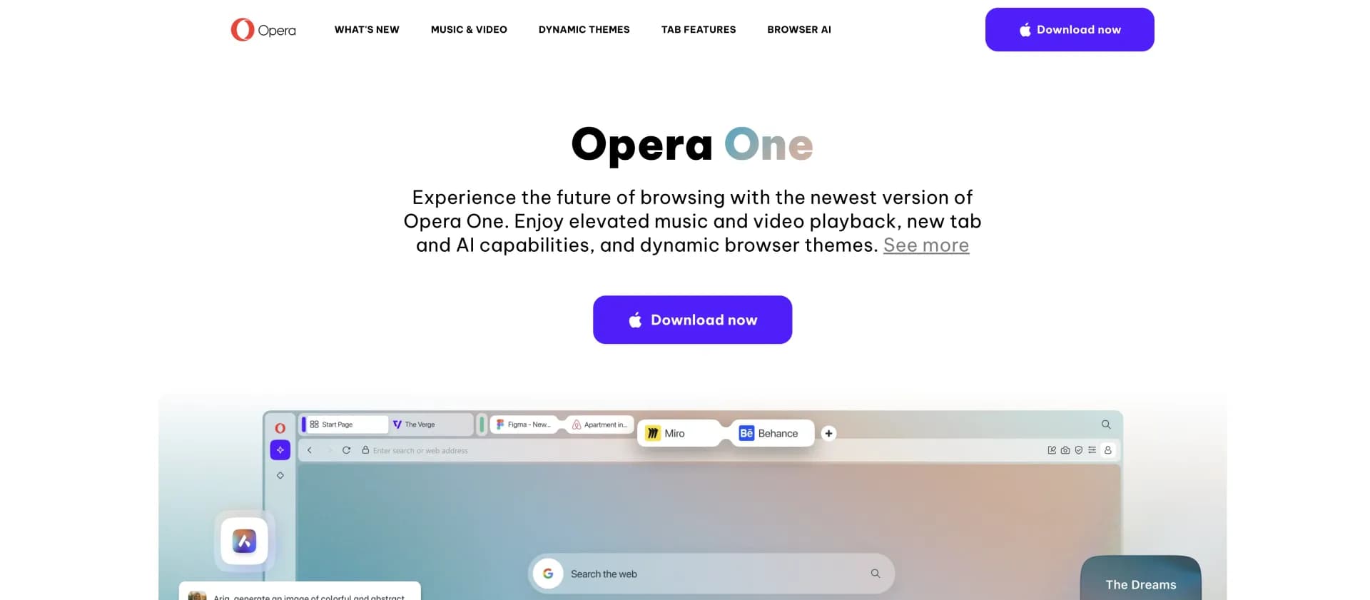 Opera One homepage screenshot — First browser with native AI