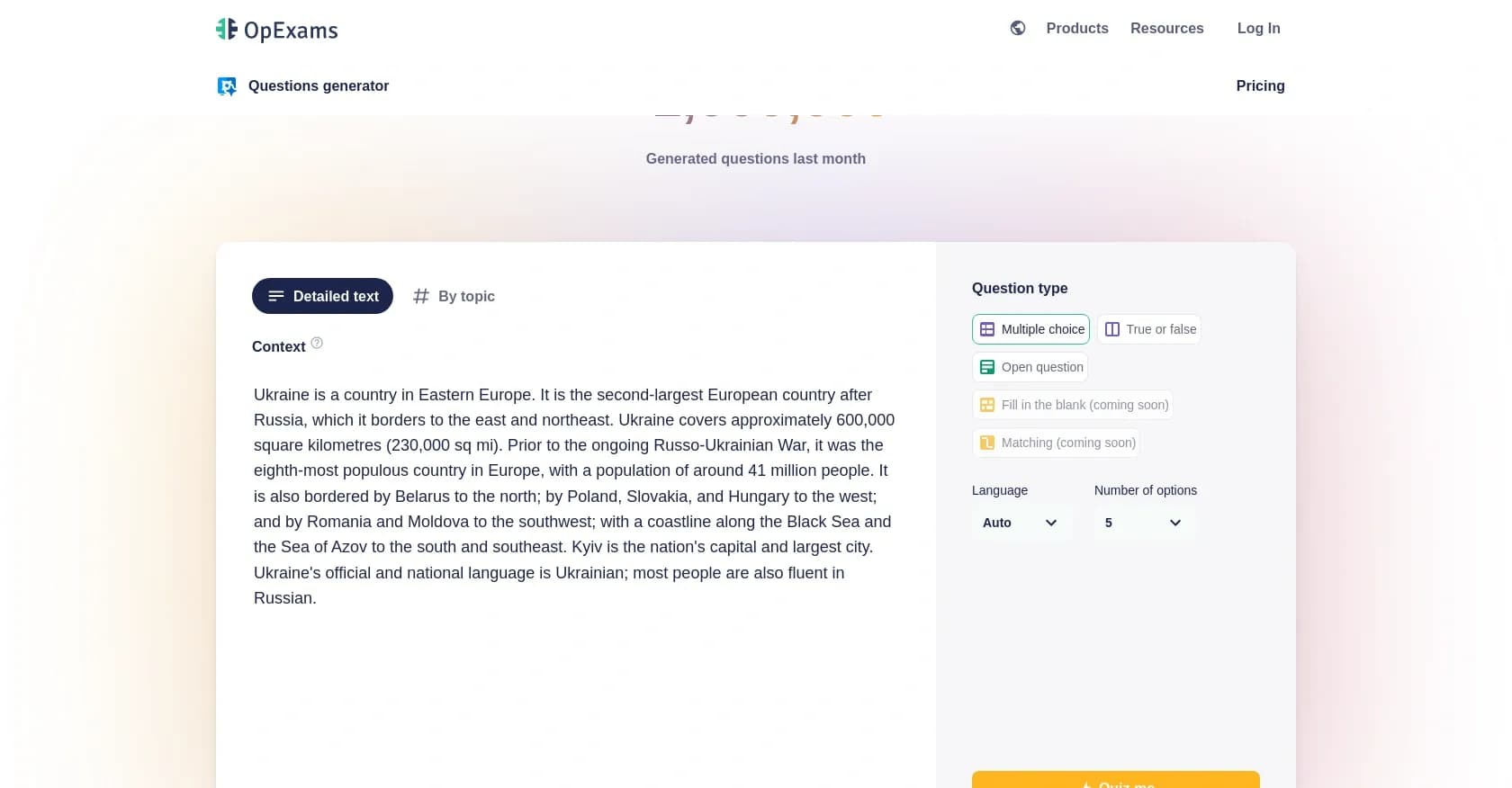 OpExams homepage screenshot — Generate diverse exam questions instantly from any text