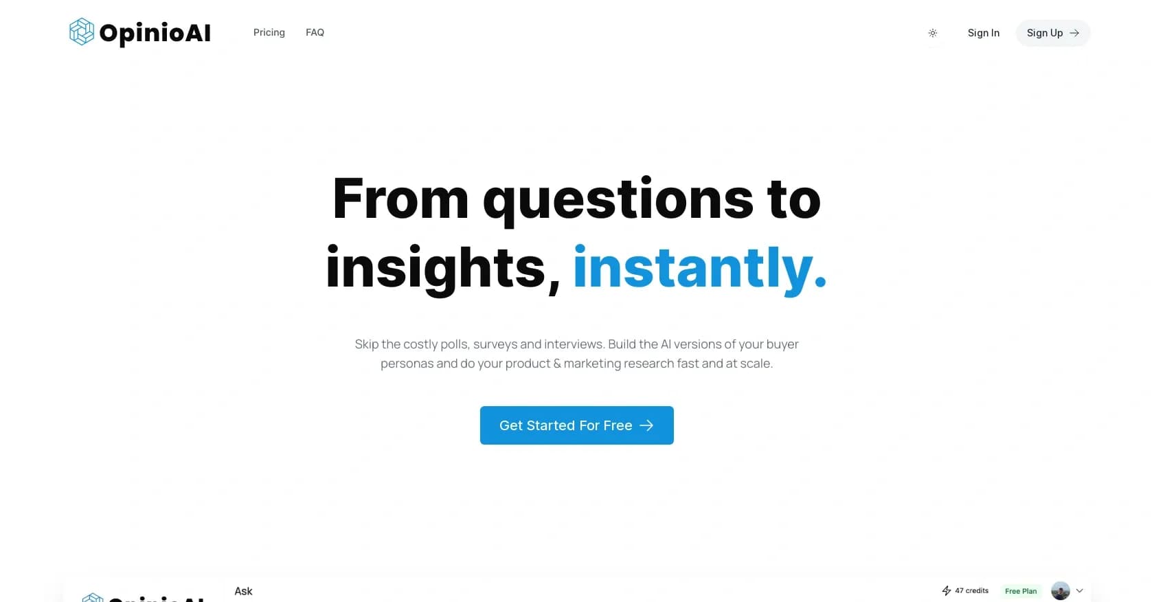 OpinioAI homepage screenshot — AI-powered insights for faster, cheaper market research.