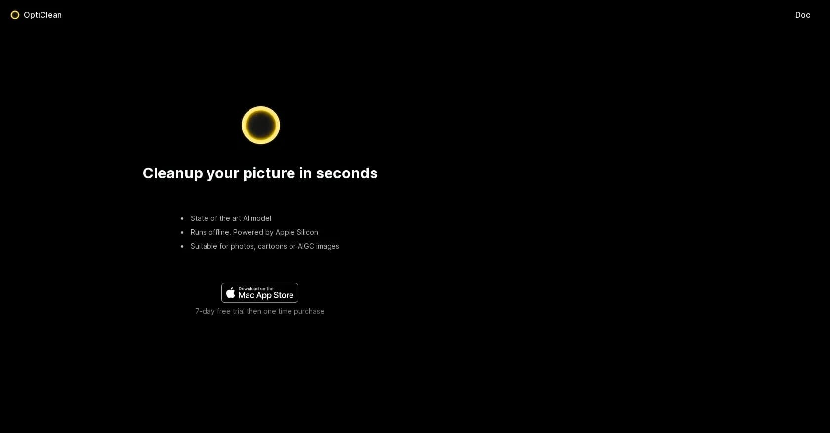 OptiClean homepage screenshot — Cleanup your picture in seconds.