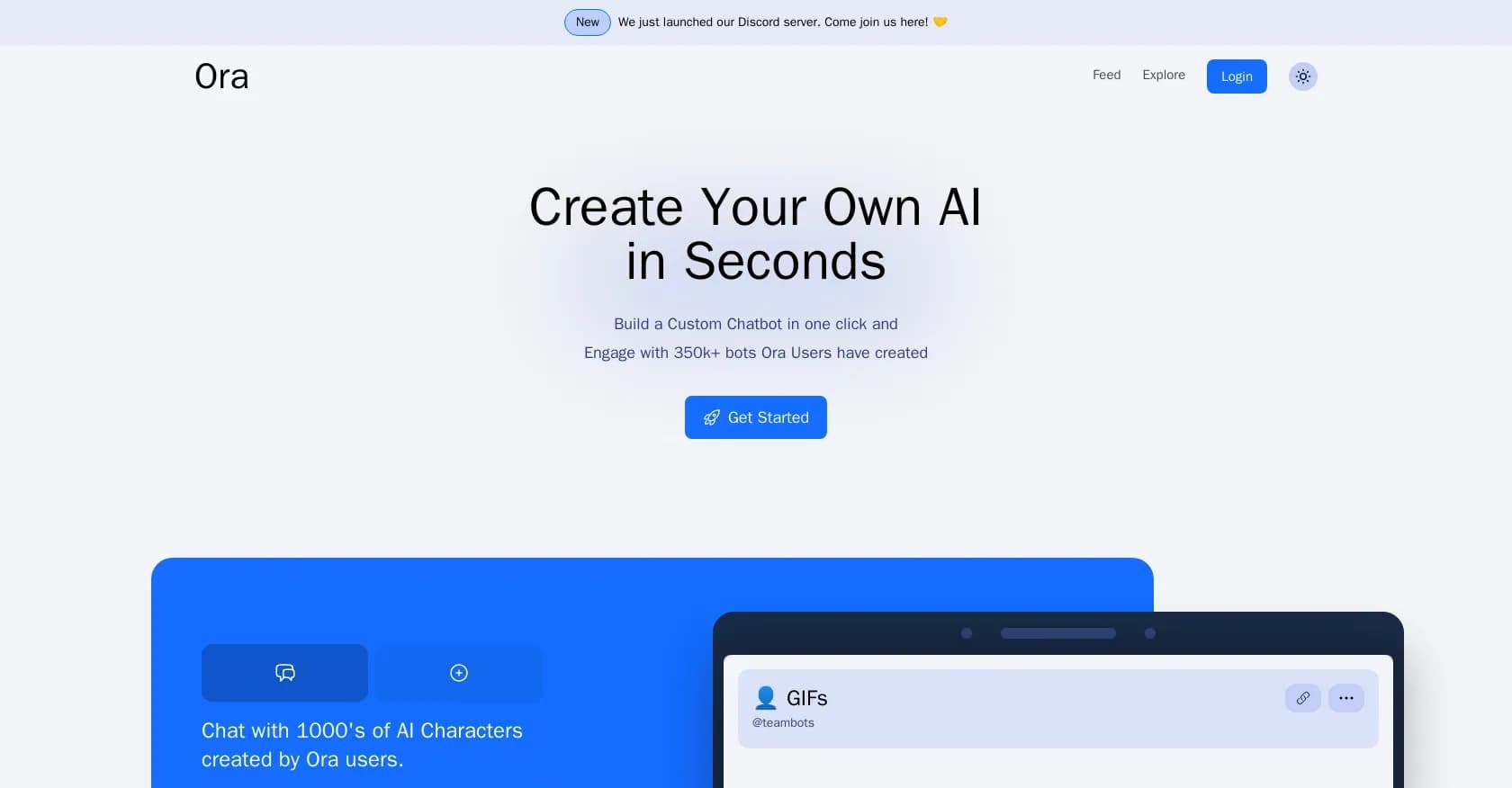 Ora.ai homepage screenshot — Create custom chatbots with one click