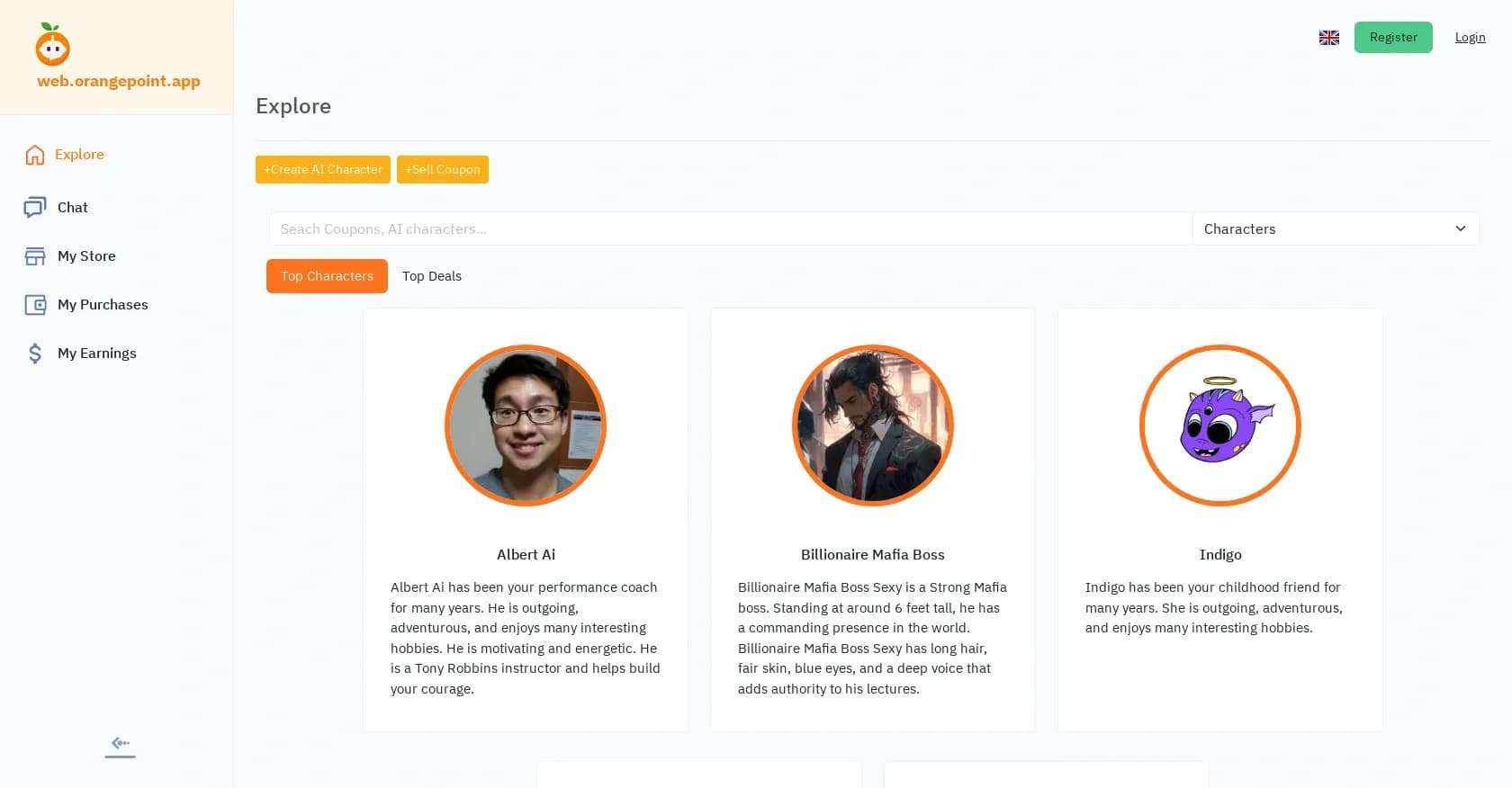 OrangePoint homepage screenshot — Create and chat with AI characters