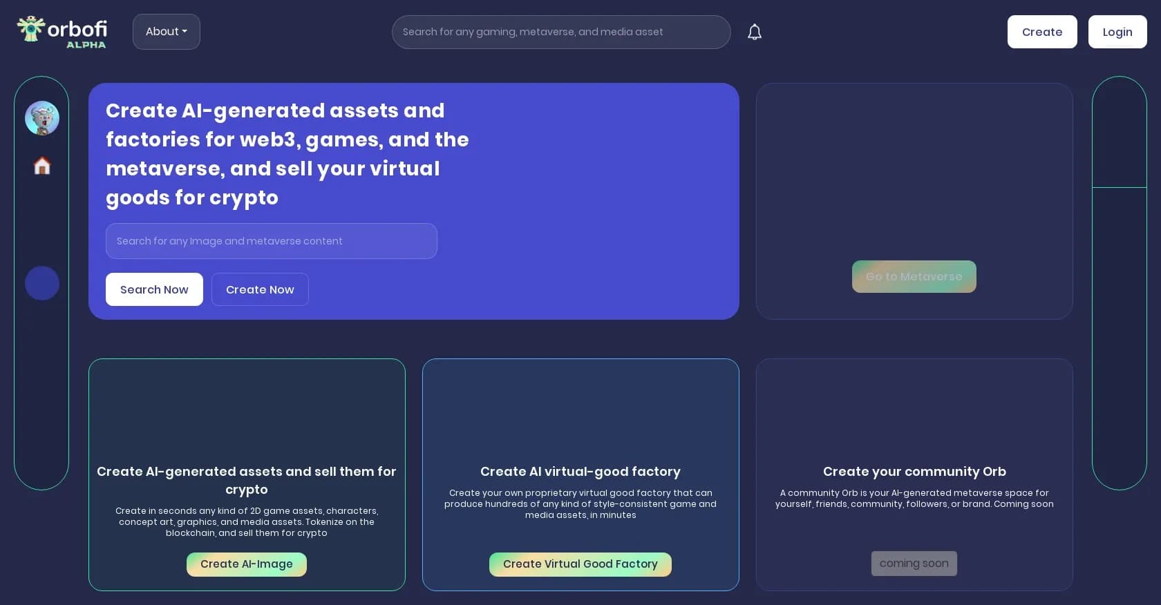 Orbofi homepage screenshot — Create AI assets for Web3 and sell for crypto.