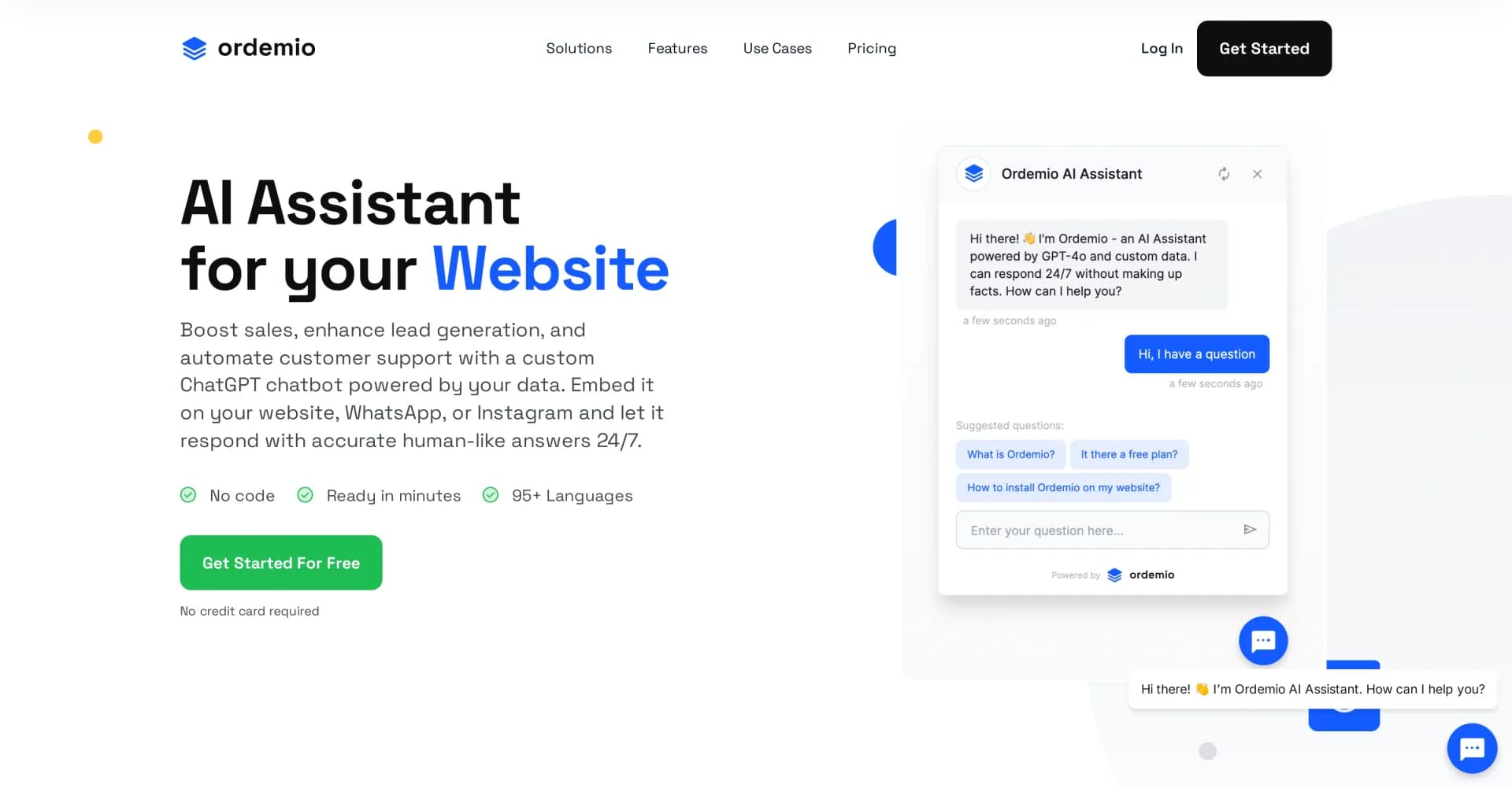 Ordemio homepage screenshot — Supercharge your website with AI-powered customer support.