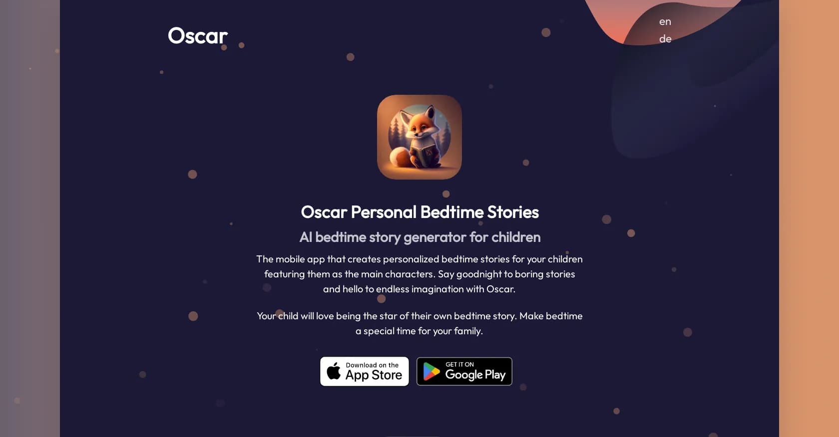 Oscar homepage screenshot — Create personalized bedtime stories starring your child