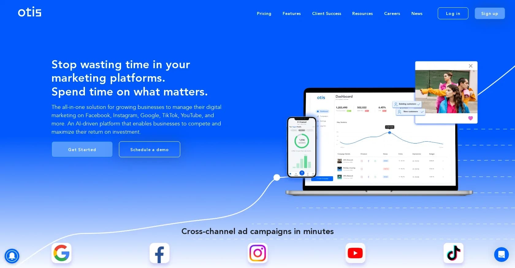 OtisAI homepage screenshot — AI-powered digital marketing assistant for small businesses