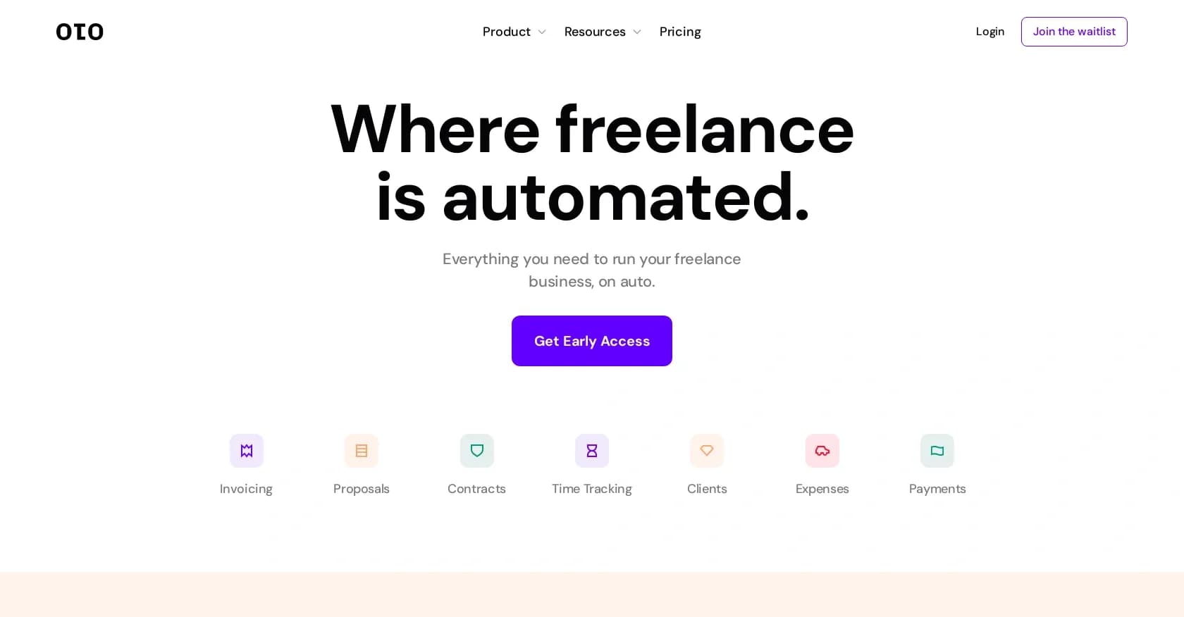 OTO work homepage screenshot — Financial simplicity for freelancers.