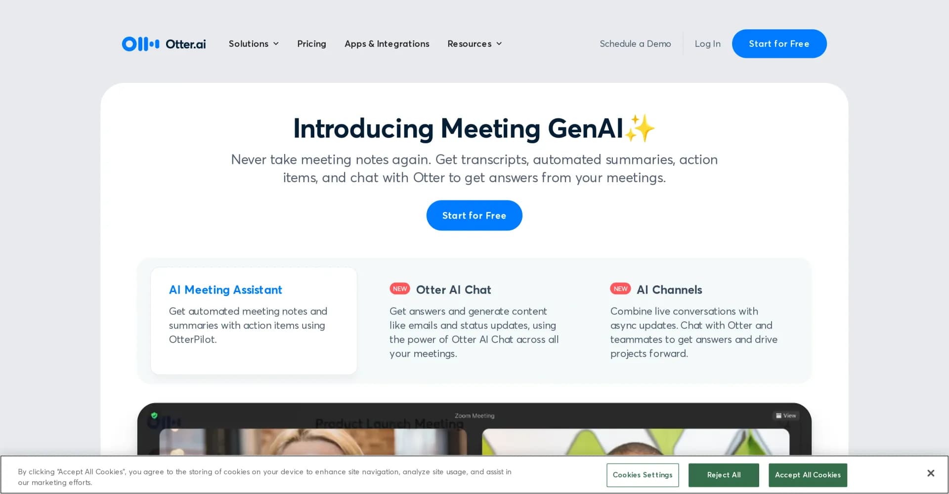 Otter.aiv4.0 homepage screenshot — AI Meeting Assistant for real-time transcription and notes