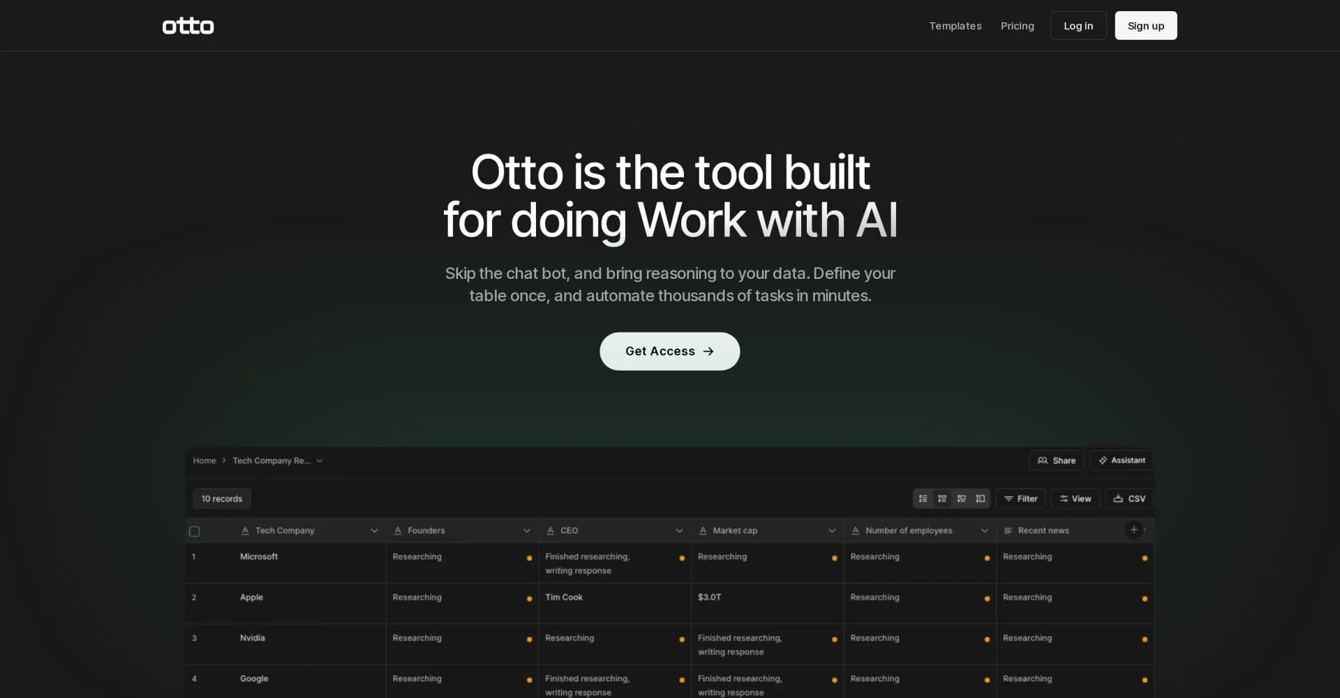Otto AI homepage screenshot — Automate tasks with AI-powered data tables.
