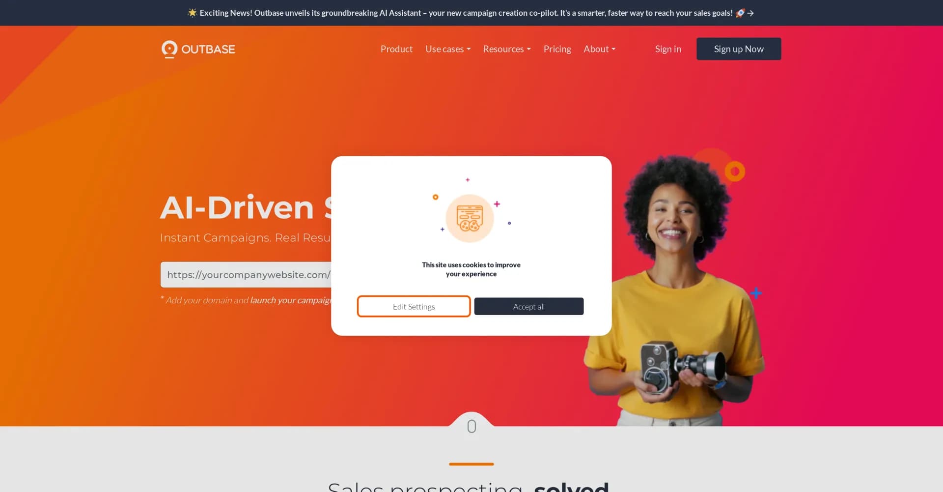 Outbase homepage screenshot — Skyrocket your sales with AI-powered prospecting.