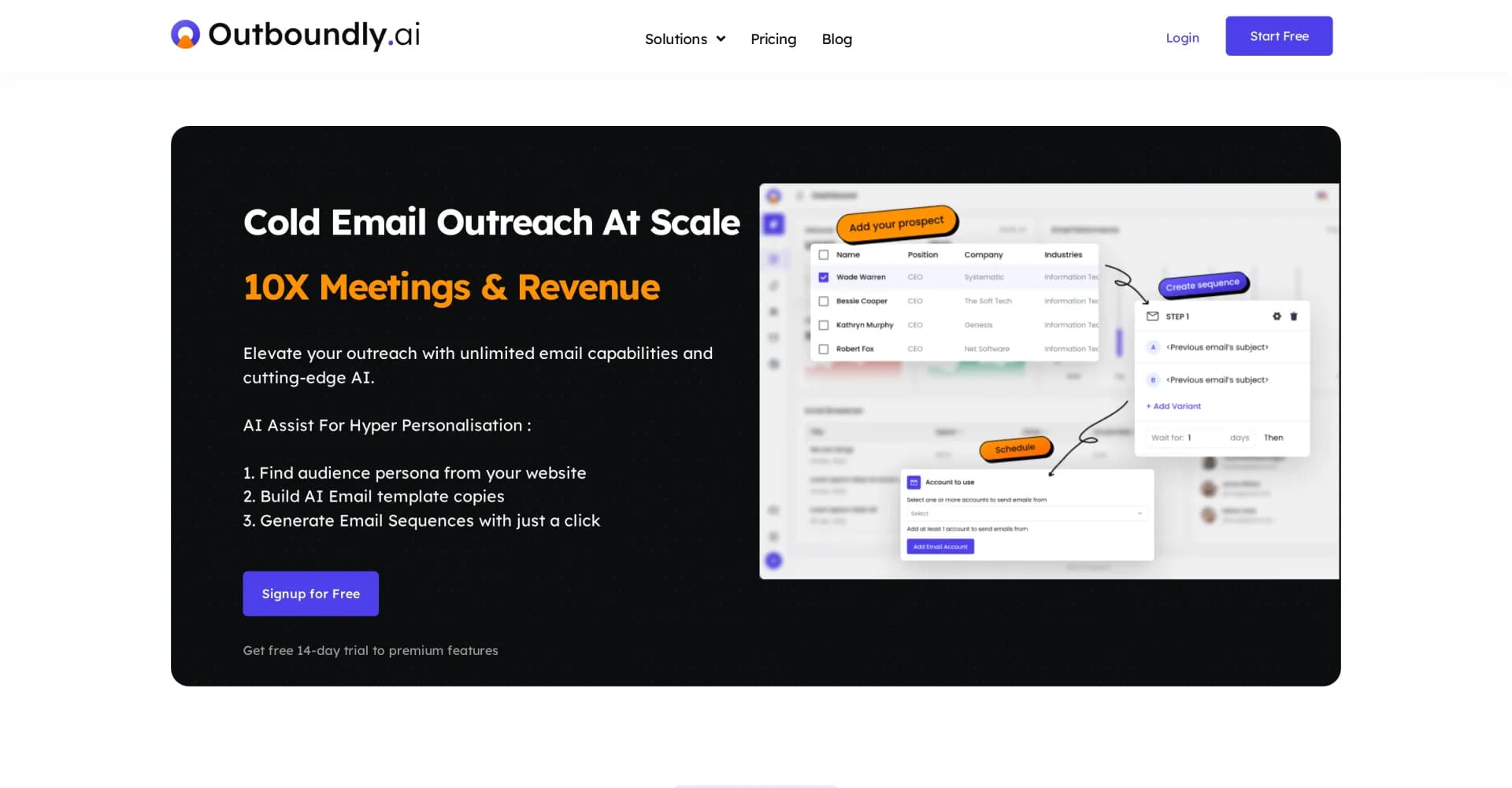 OutboundlyAI homepage screenshot — Elevate outreach with unlimited AI-powered emails.
