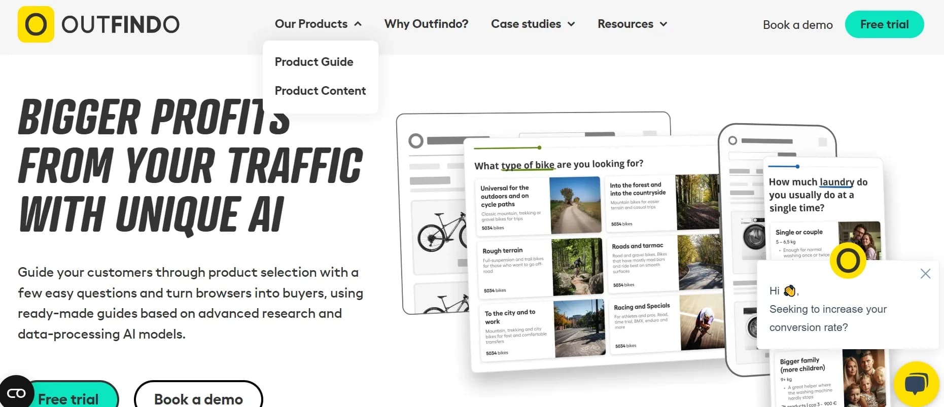 Outfindo homepage screenshot — Intuitive shopping conversations for higher conversions.