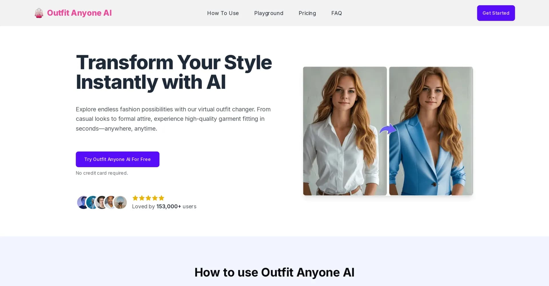 Outfit Anyone AI homepage screenshot — Transform your style instantly with AI