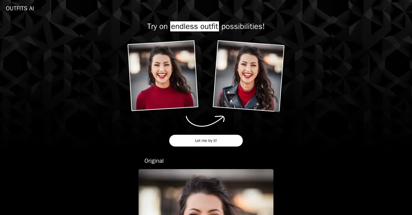 Outfits AI homepage screenshot — Try on endless outfit possibilities with AI.