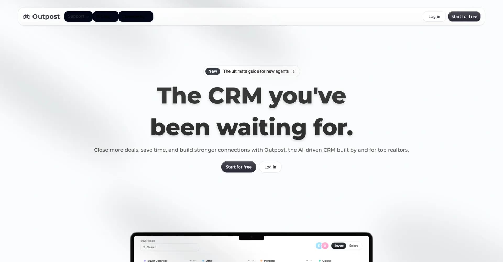 Outpost CRM homepage screenshot — Close more deals with AI-driven realtor CRM.