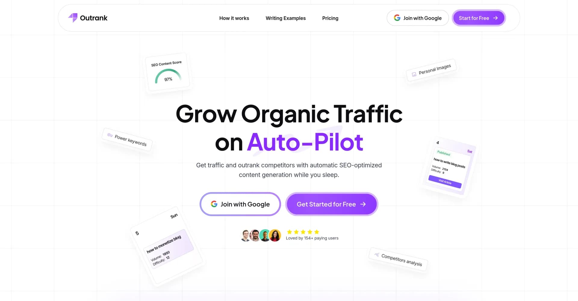 Outrank.sov2.0 homepage screenshot — Enhance your website with AI-driven, SEO-optimized content.
