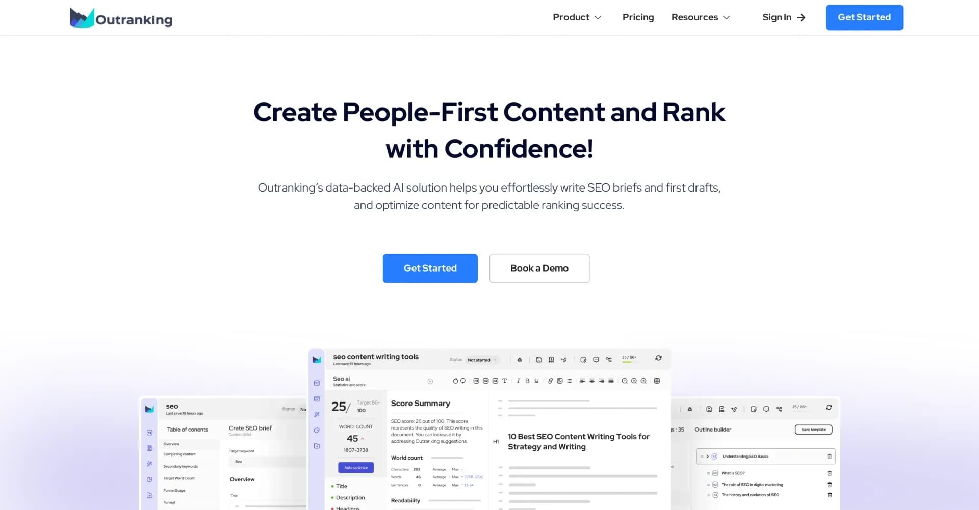 Outranking homepage screenshot — AI-powered SEO writing for top search rankings.