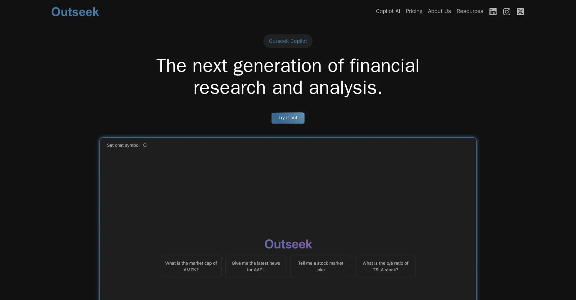 Outseek Financial Terminal homepage screenshot — Lightning-fast stock research and analysis