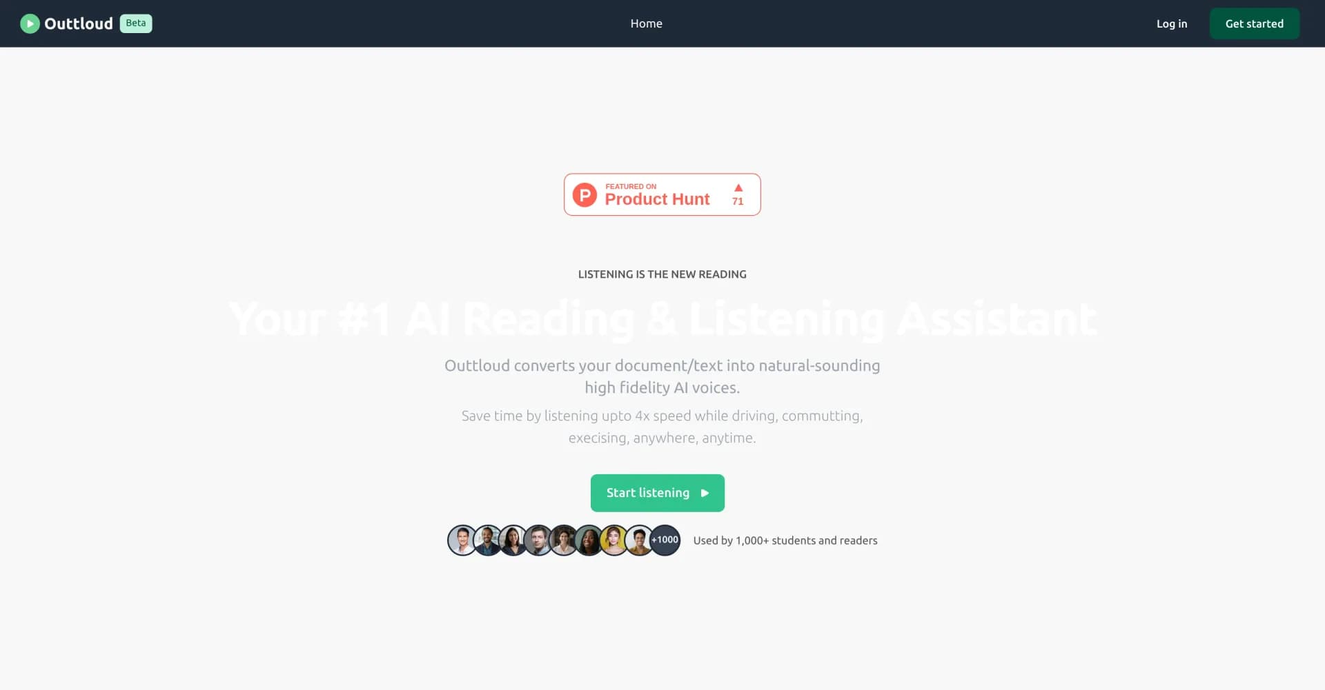 Outtloud homepage screenshot — Turn documents into AI voices for anytime listening.