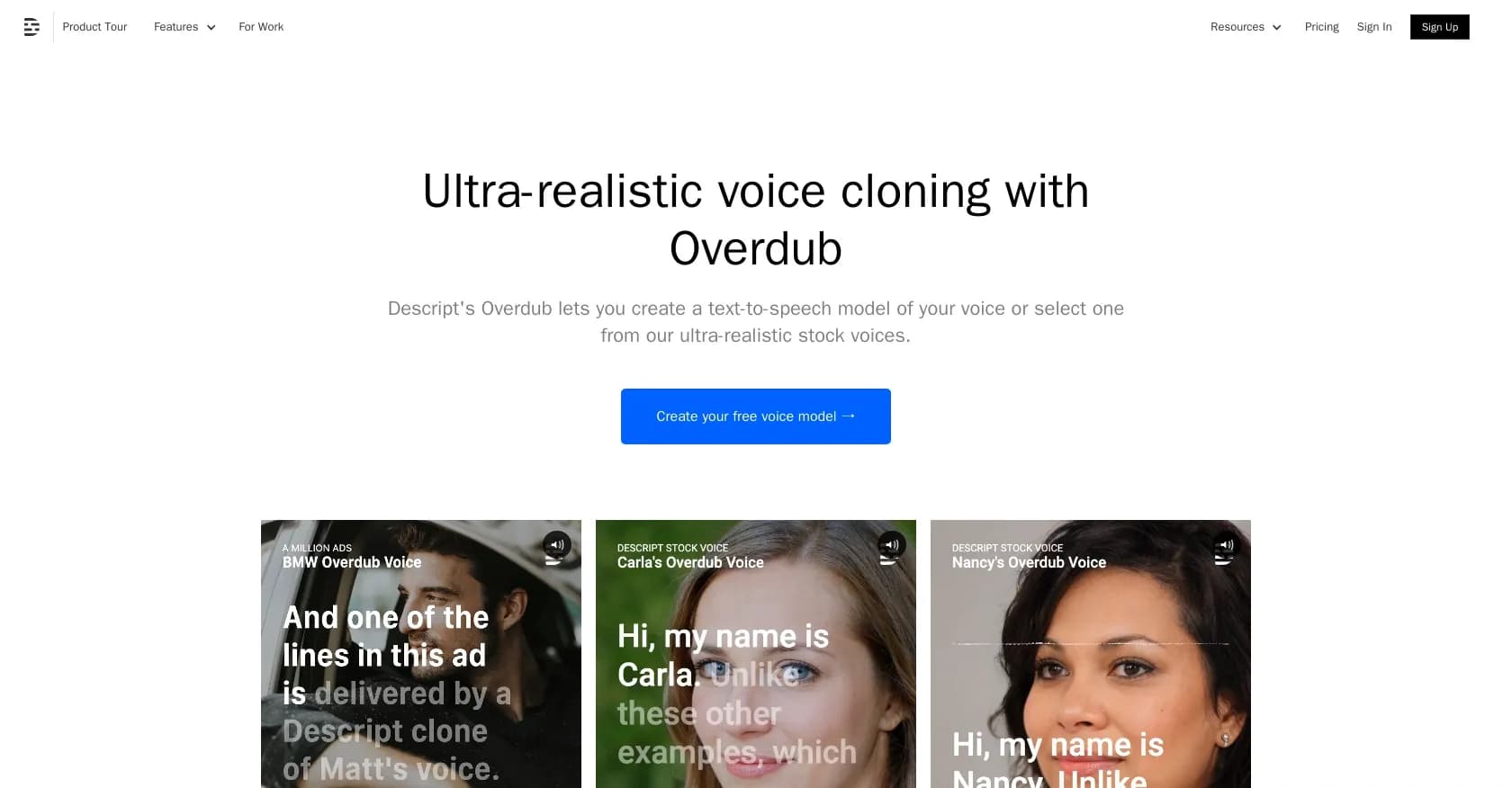 Descript - AI Speech homepage screenshot — Create natural-sounding TTS with your voice or stock voices.