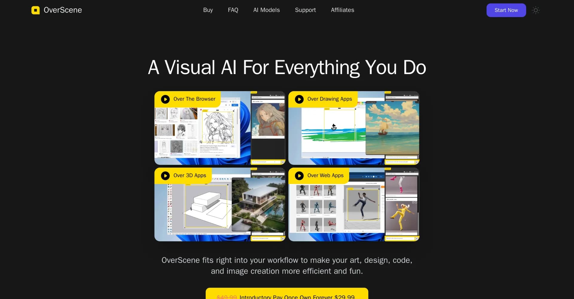 OverScene homepage screenshot — AI overlay for every app on your computer