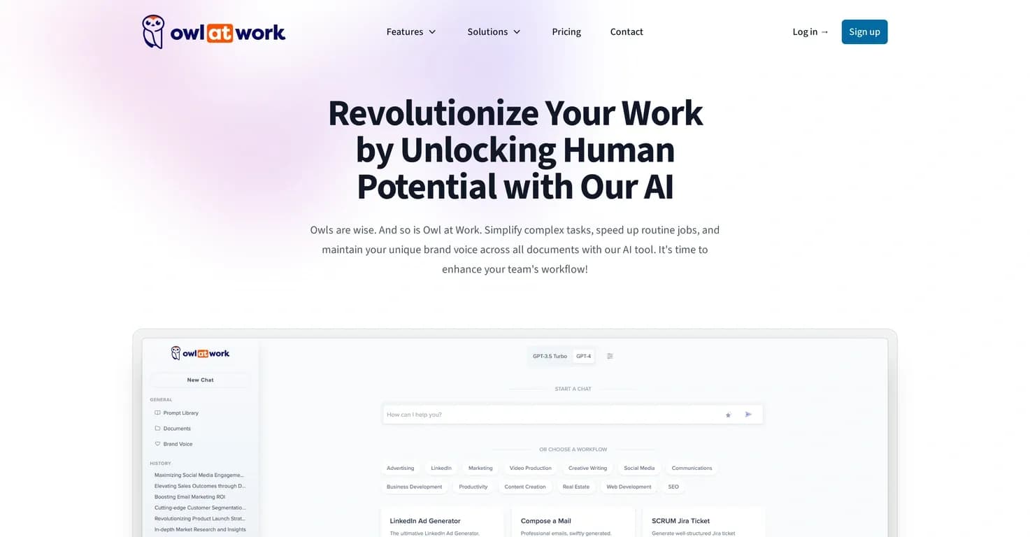 Owl at Work homepage screenshot — Unlock human potential with AI-powered productivity.
