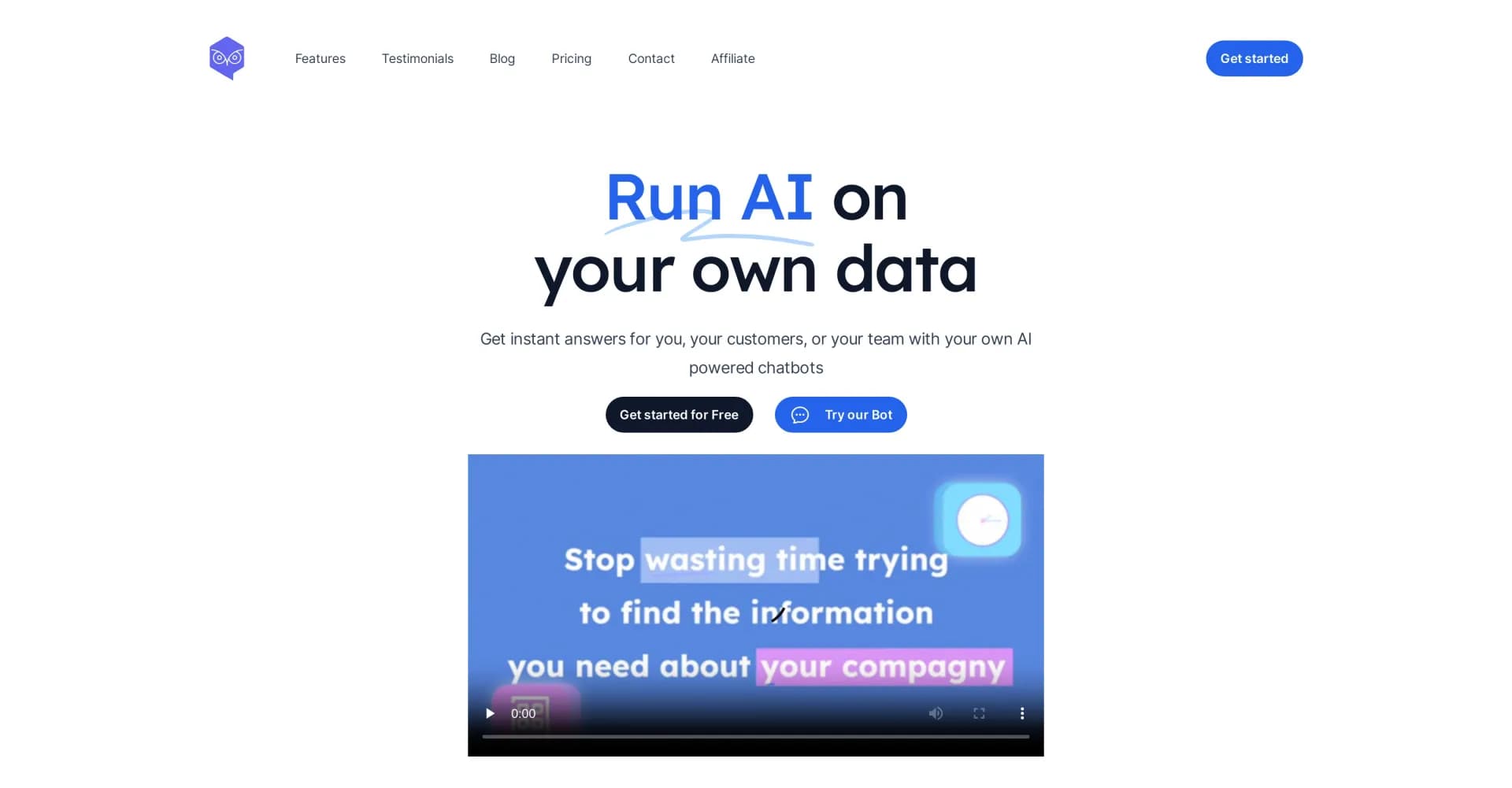 Owlbot homepage screenshot — Create AI chatbots from your data in minutes