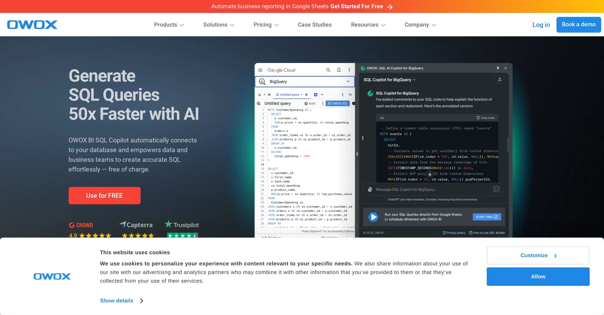 OWOX homepage screenshot — Build SQL Queries 50x Faster with AI.
