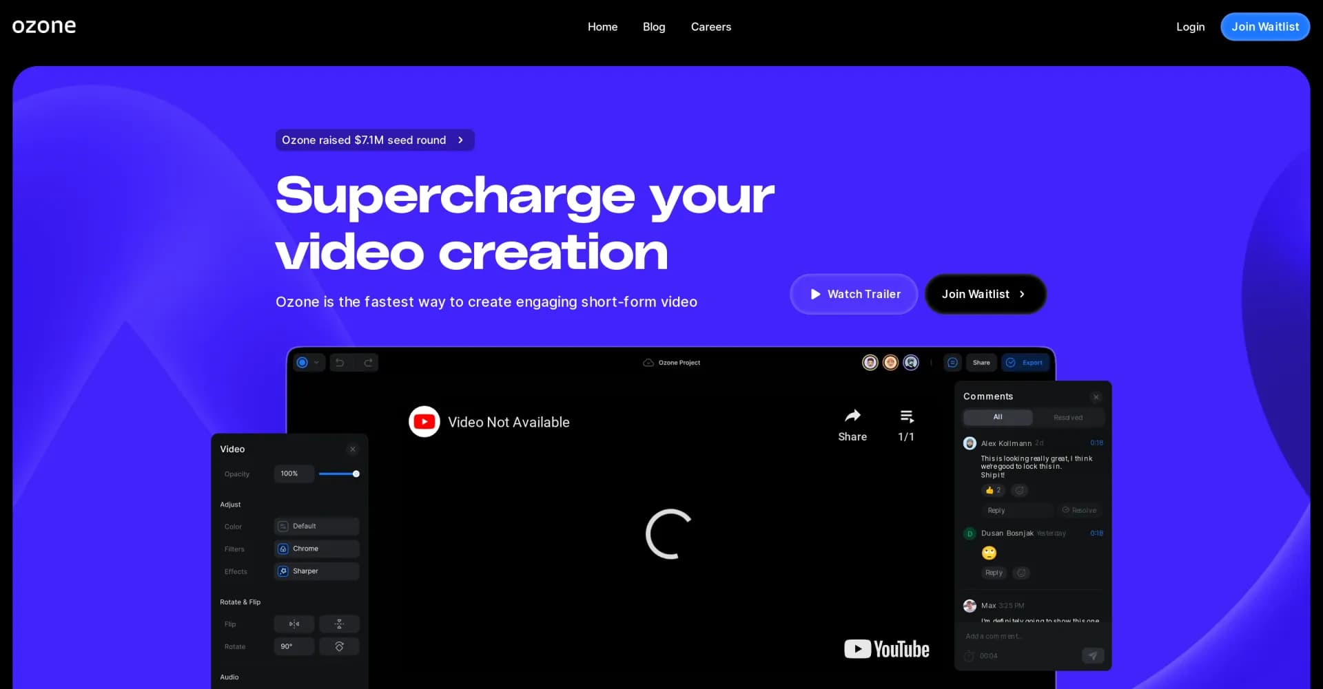 Ozone homepage screenshot — Create engaging short-form videos faster with AI