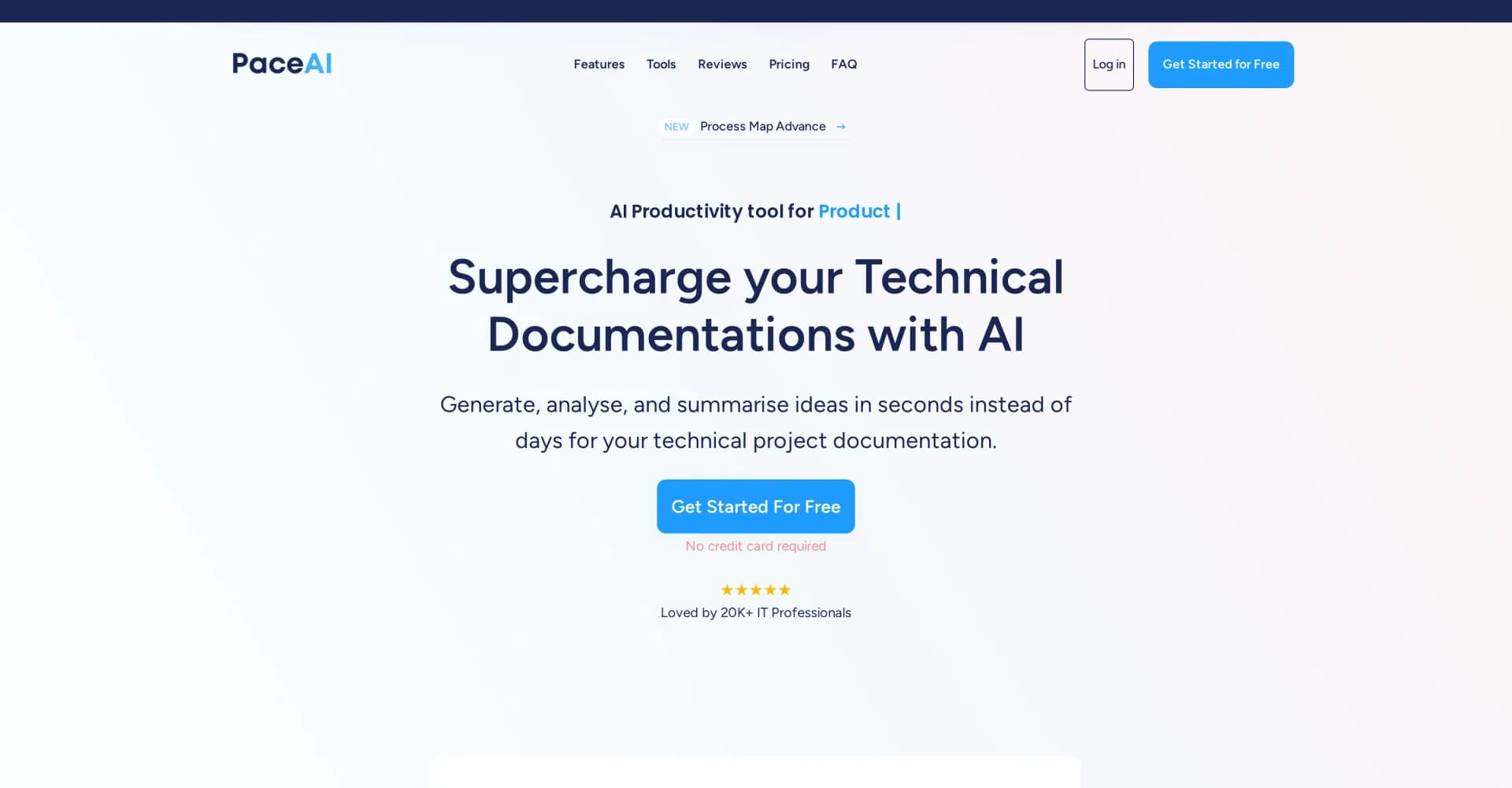 PaceAI homepage screenshot — Supercharge tech docs with AI-powered insights.