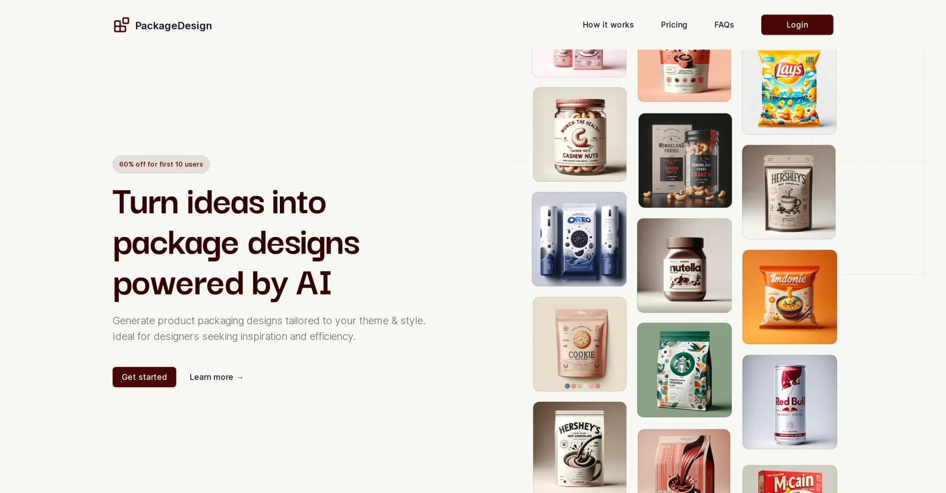 PackageDesign homepage screenshot — Generate custom product packaging designs with AI