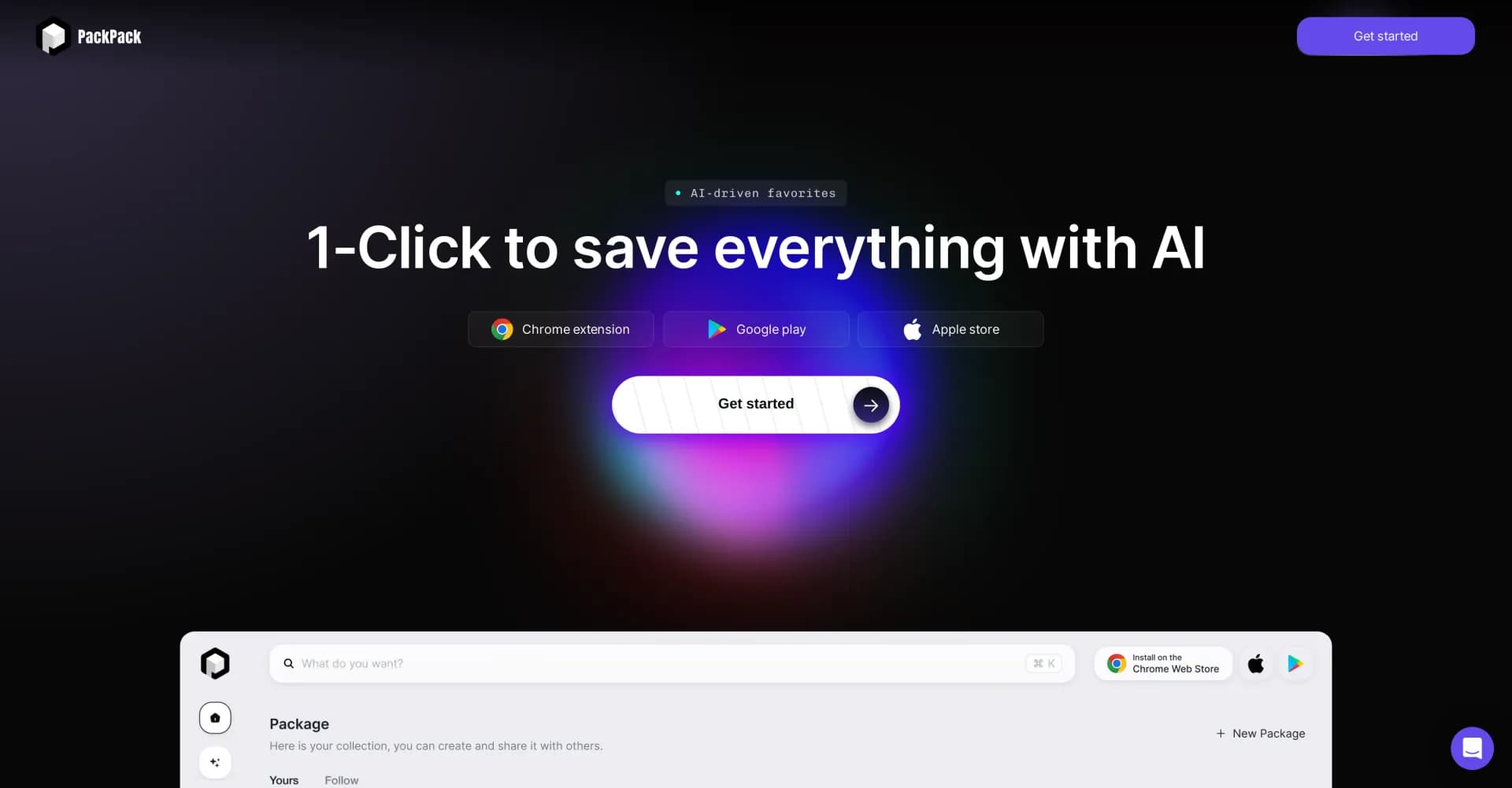 Packpack homepage screenshot — Save any webpage with just 1 click.