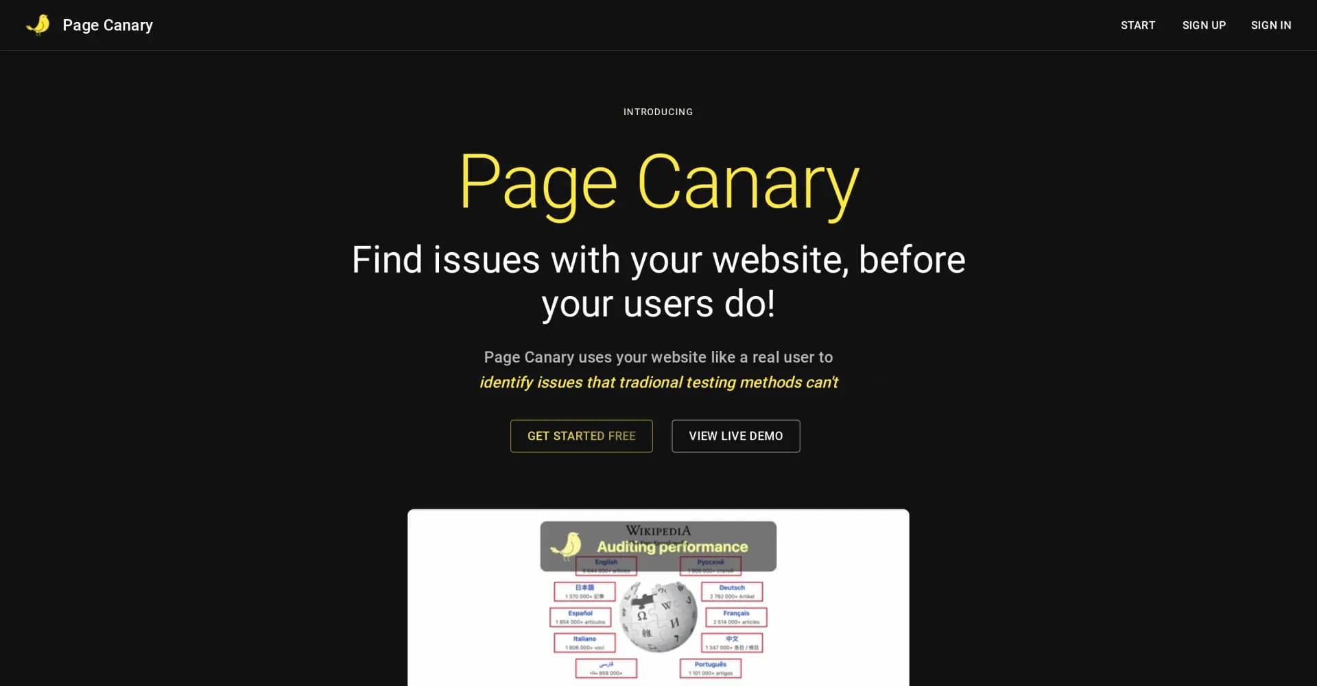 Page Canary homepage screenshot — Find website issues before your users do