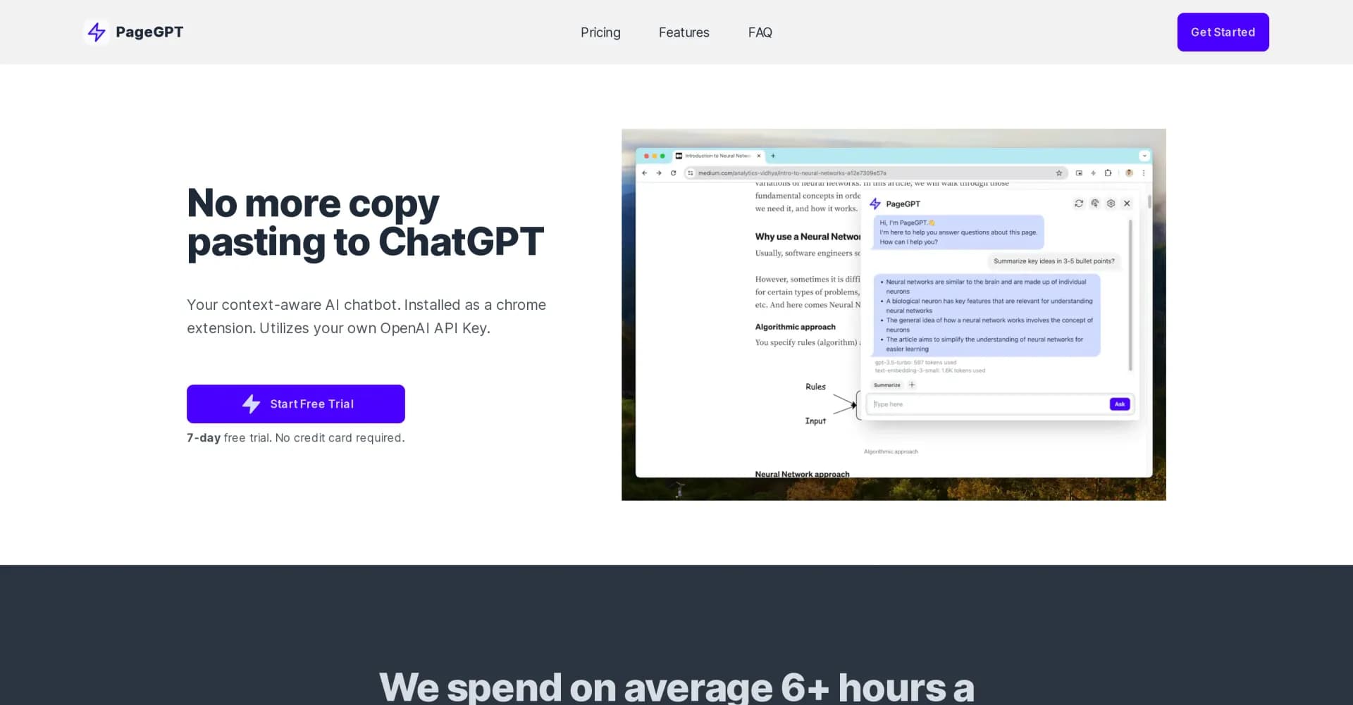 PageGPT homepage screenshot — Your context-aware AI chatbot for effortless browsing.