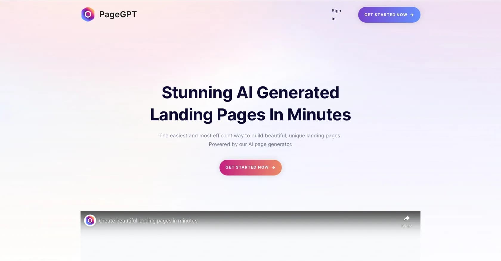 PageGPT homepage screenshot — Generate stunning landing pages effortlessly with AI