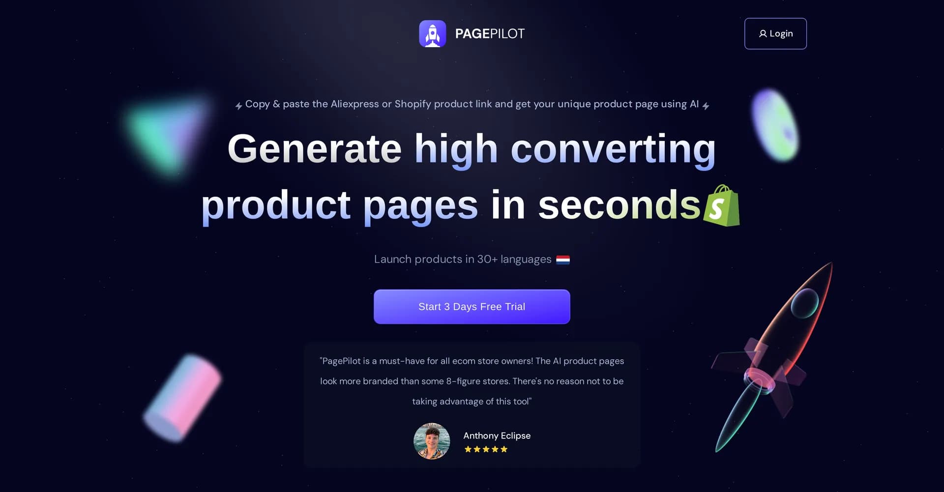 PagePilot AI homepage screenshot — Generate high-converting product pages instantly with AI