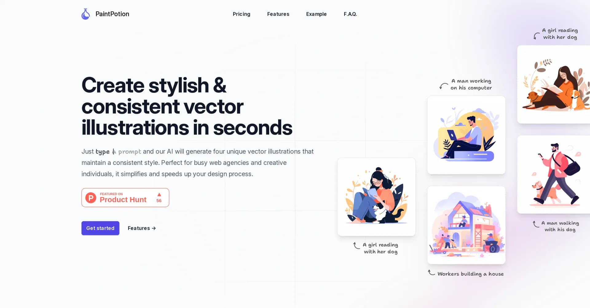 Paint Potion homepage screenshot — Create stunning vector illustrations instantly with AI.