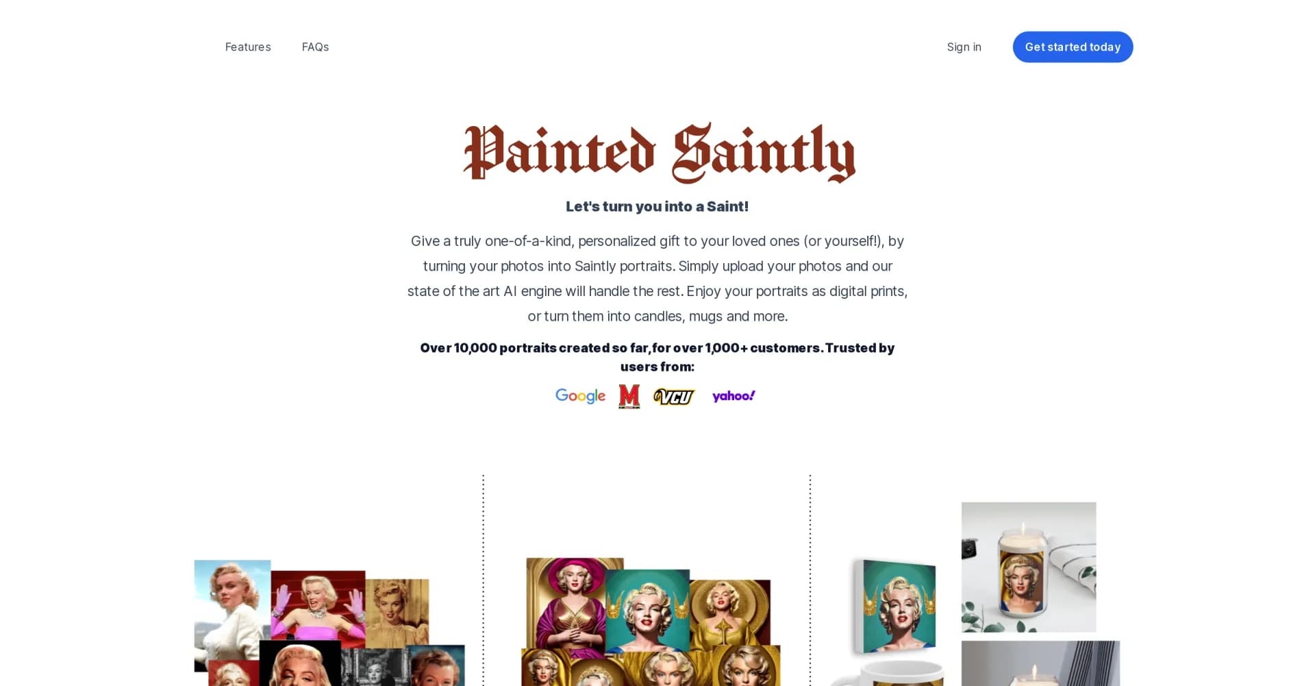 Painted Saintly homepage screenshot — Transform photos into saintly portraits with AI