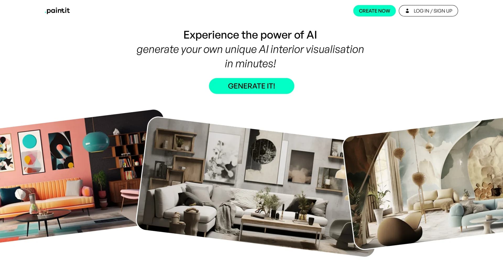 Paintit.ai homepage screenshot — Your Personal AI Interior Designer: Transform Any Space