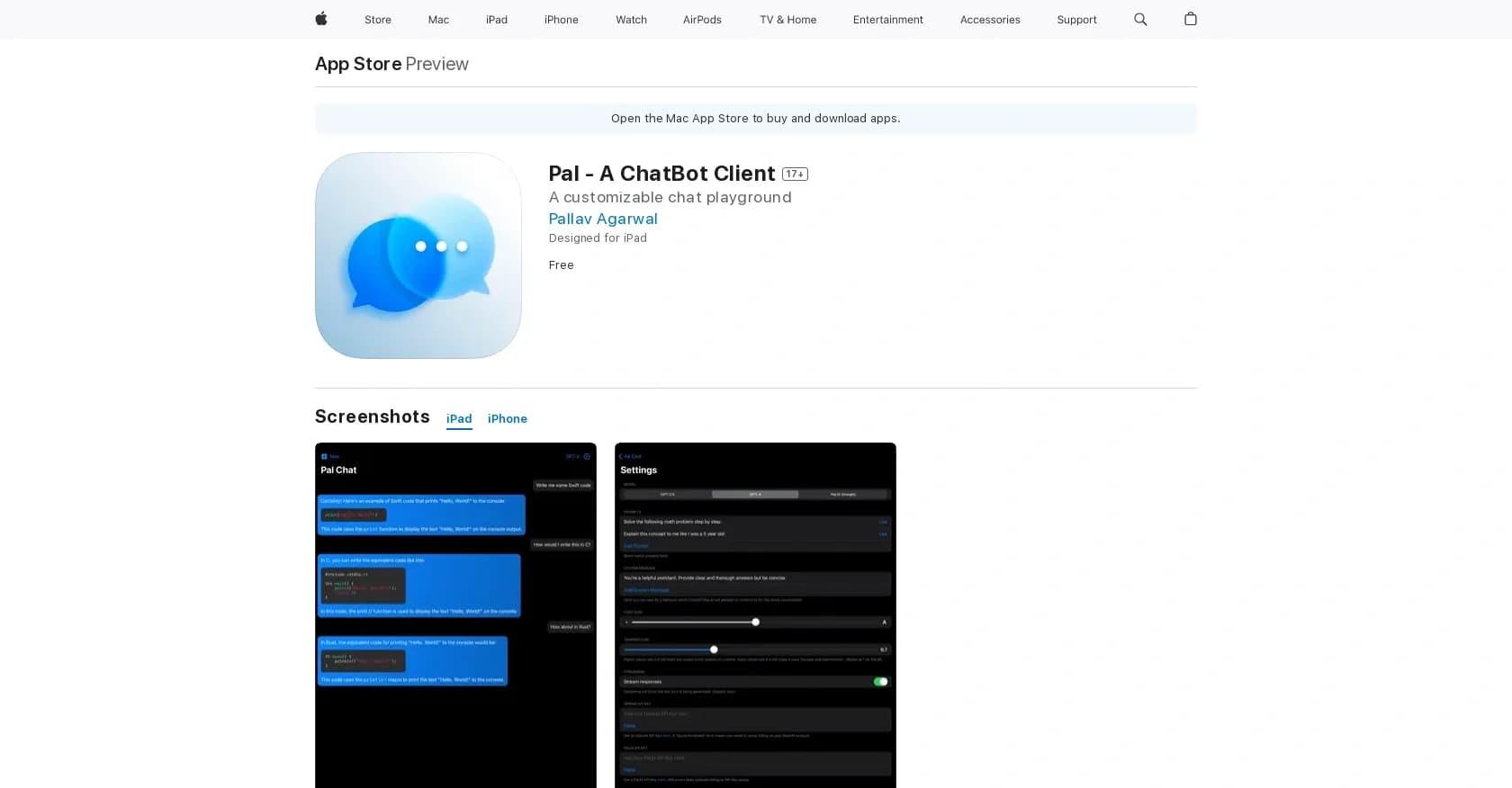 Pal - ChatBot homepage screenshot — Apple chatbot client