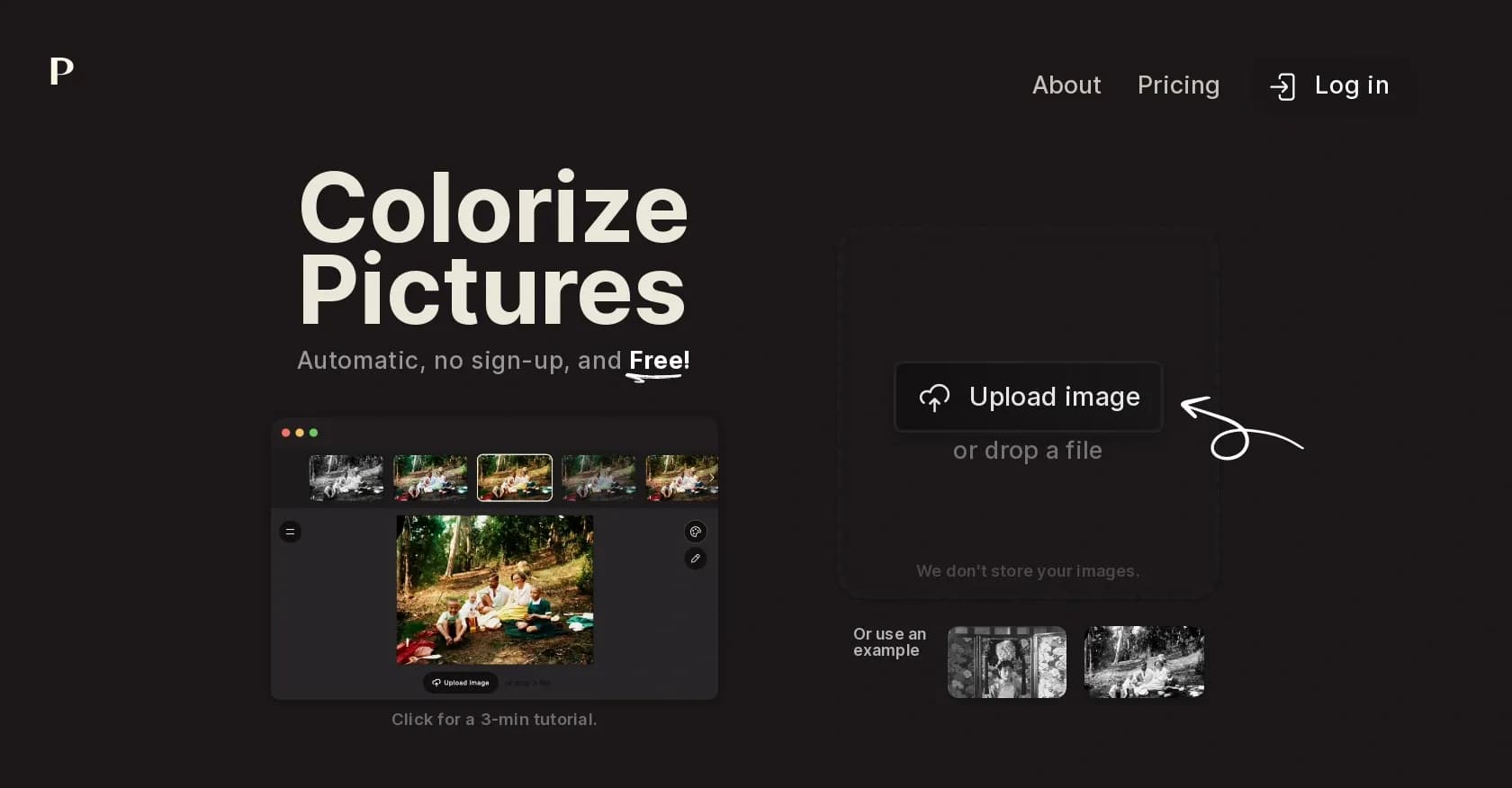 Palette homepage screenshot — Colorize photos with AI - free and no sign-up.