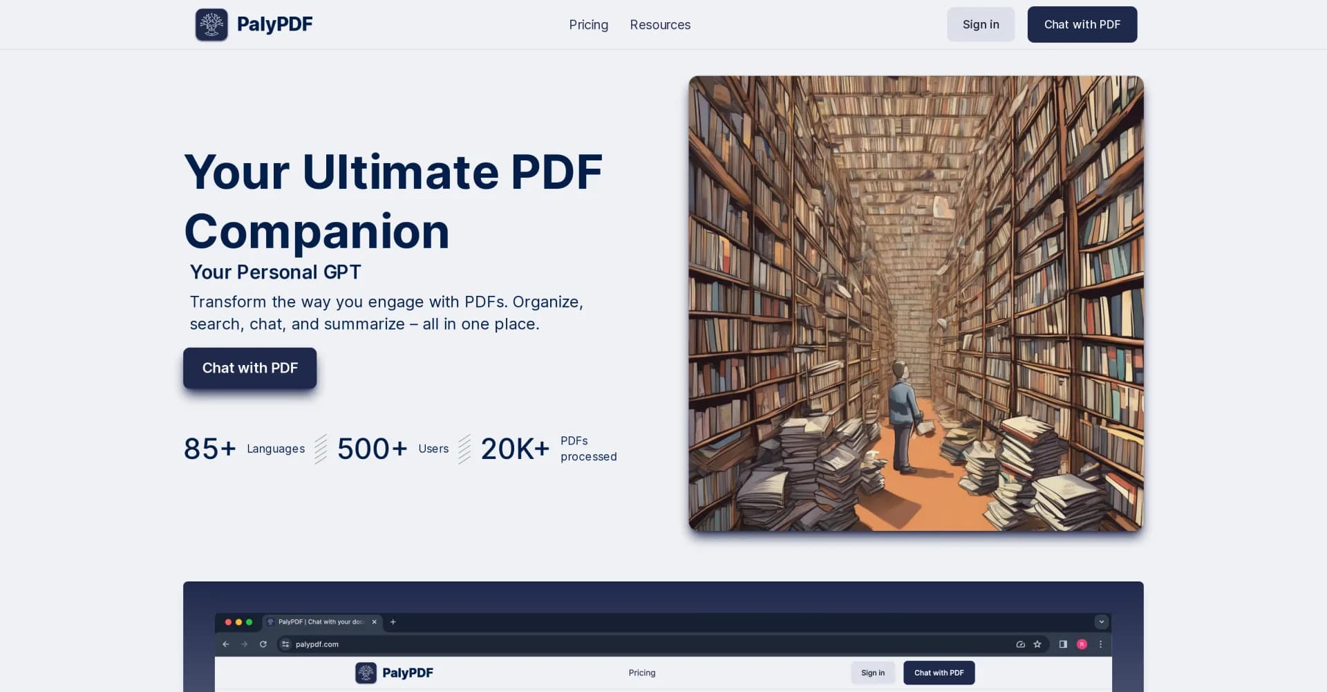 PalyPDF homepage screenshot — Chat with PDFs in any language