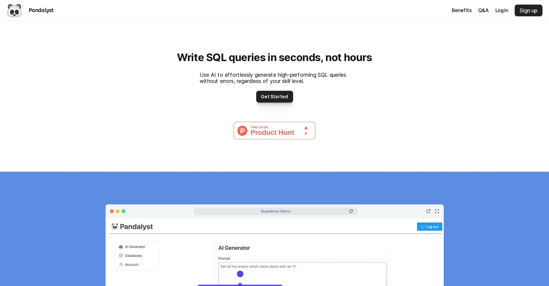 Pandalyst homepage screenshot — Write SQL queries in seconds, not hours