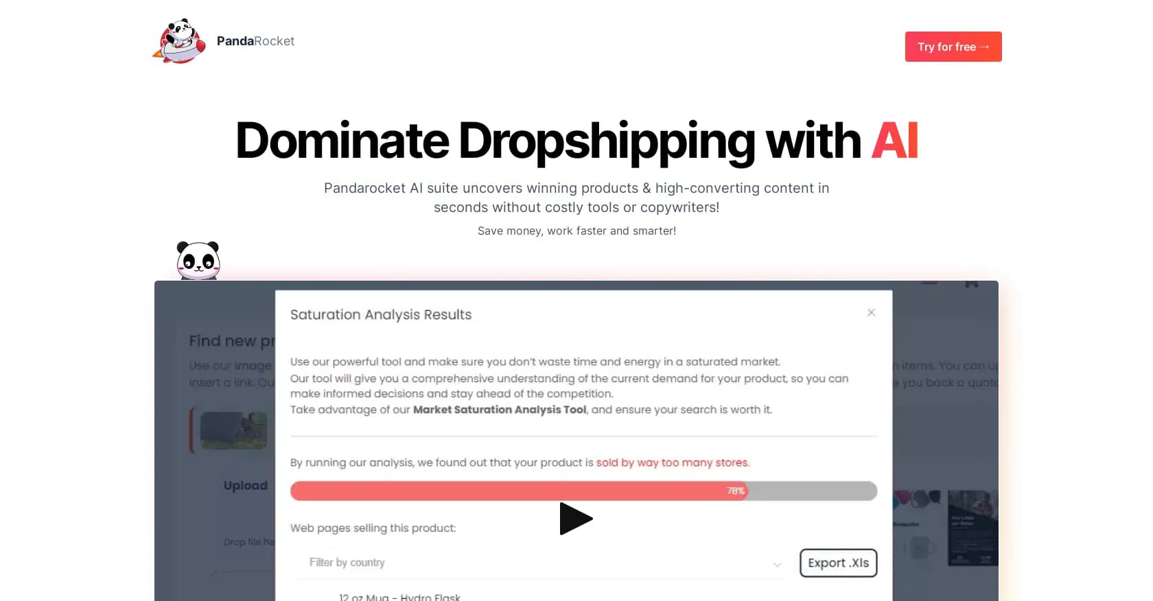Pandarocket homepage screenshot — AI-powered dropshipping tools to dominate your market.