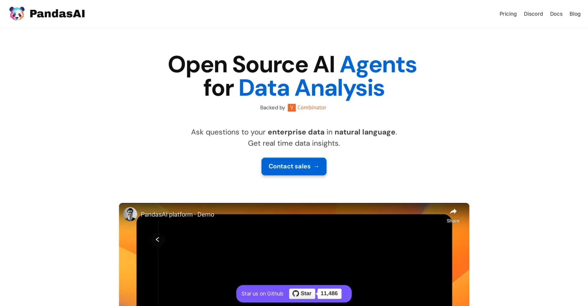PandasAI homepage screenshot — Converse with your data using AI-powered pandas.