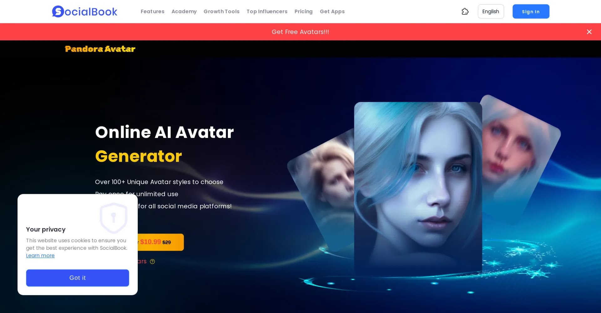 Pandora Avatars homepage screenshot — Create unique AI avatars in 100+ styles