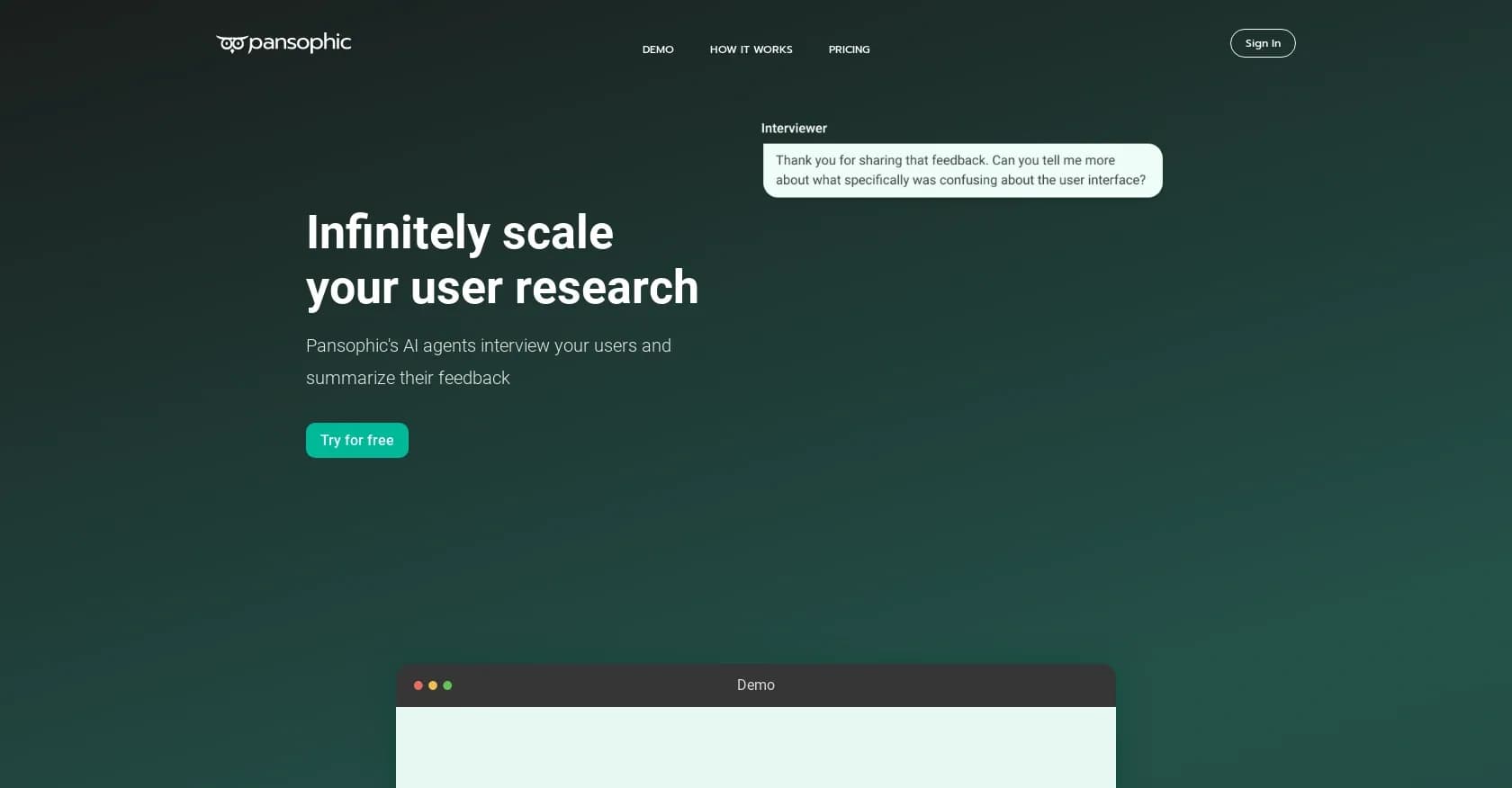 Pansophic homepage screenshot — AI agents interview users and summarize feedback