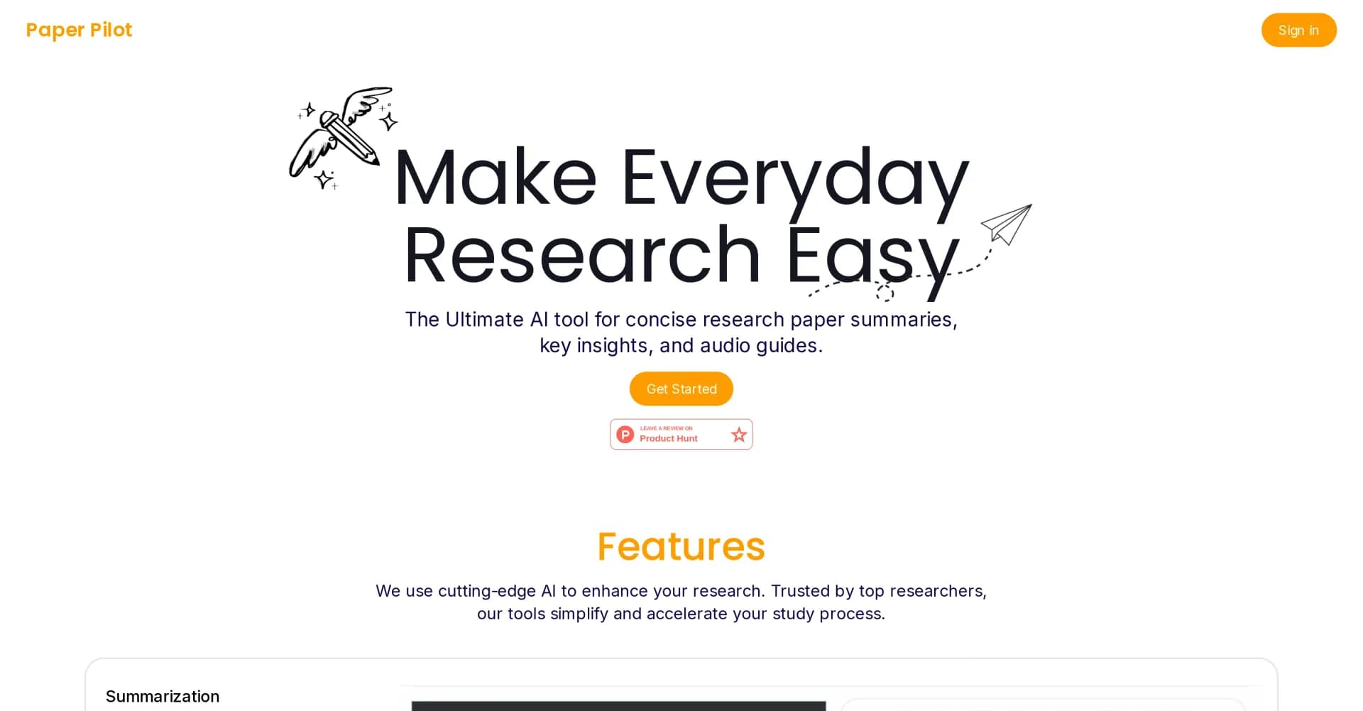 Paper Pilot homepage screenshot — AI-powered research companion for quick paper insights.