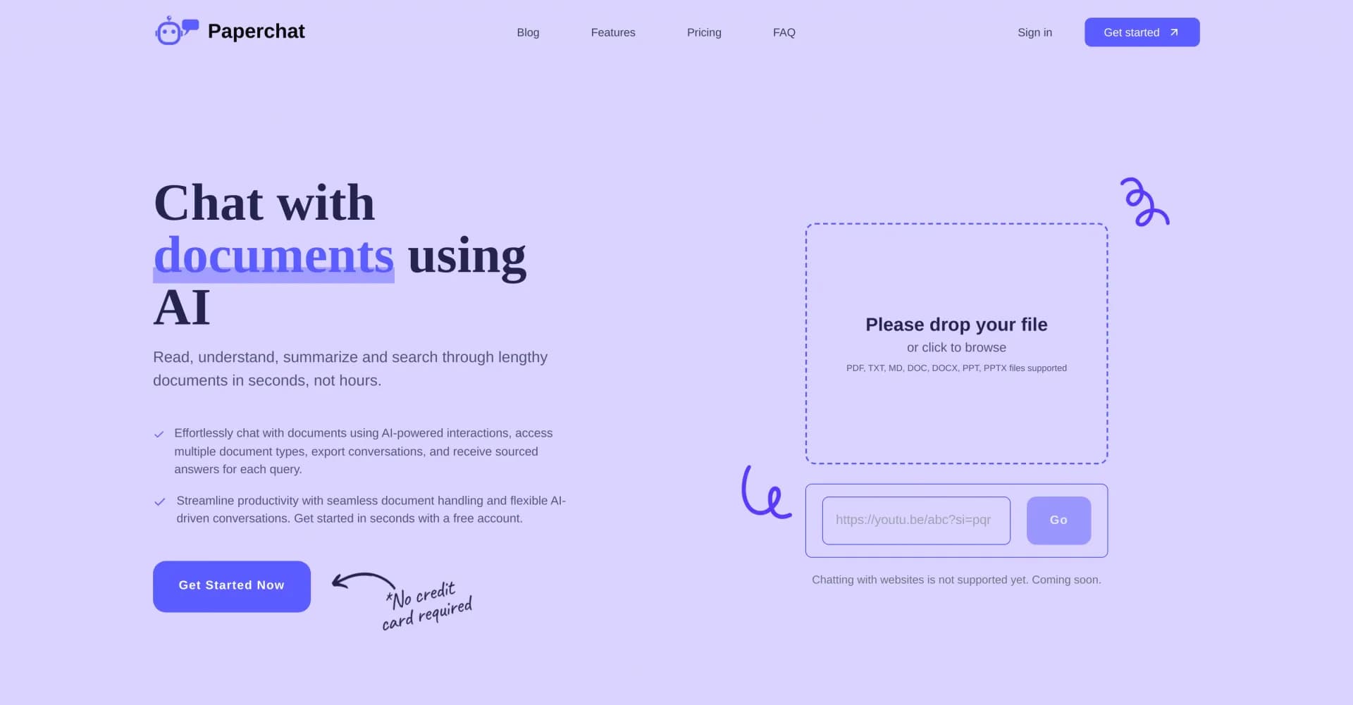 PaperChat homepage screenshot — AI-powered chat with documents in seconds.