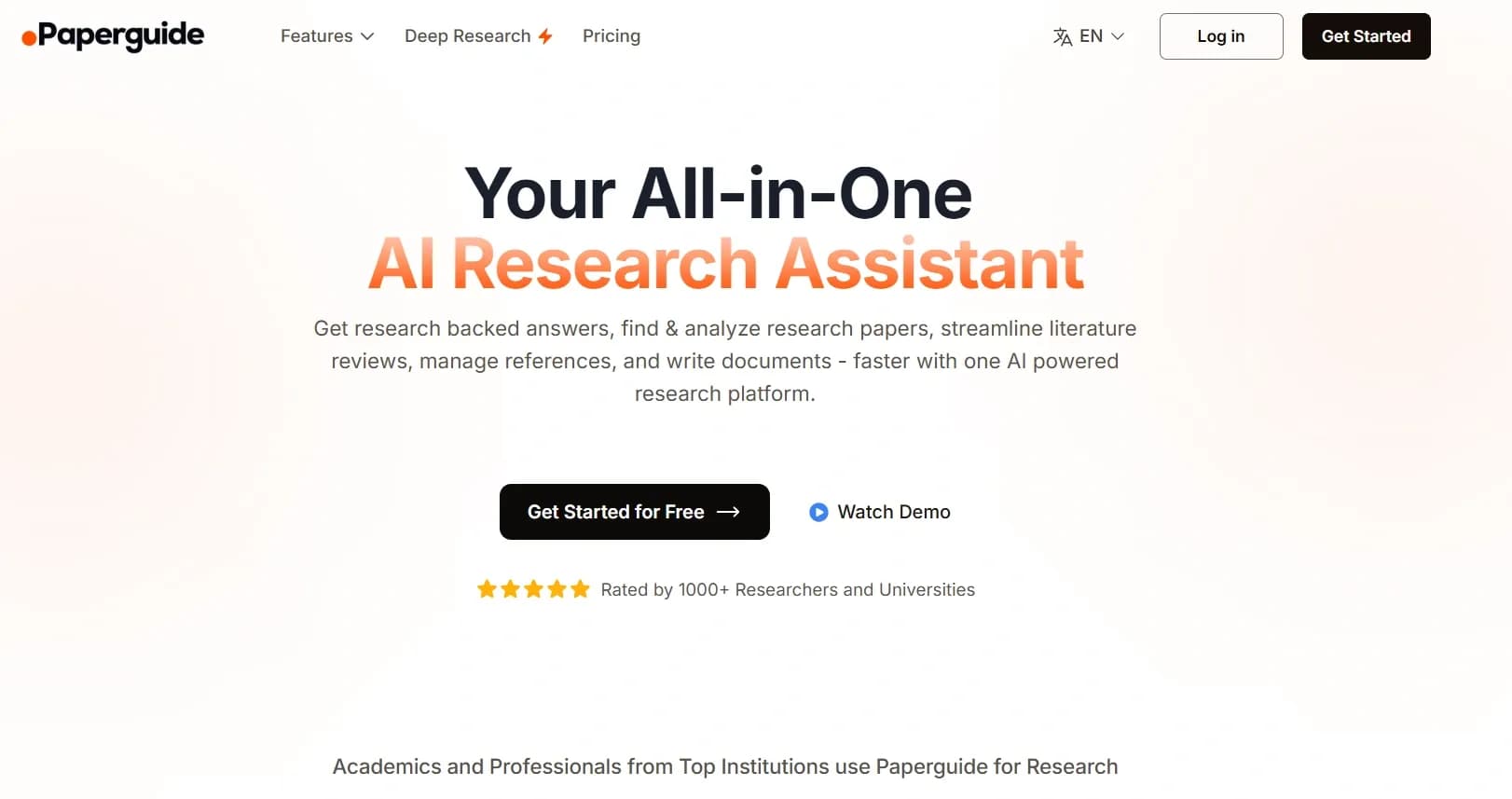 Paperguide homepage screenshot — Paperguide: The All-in-One AI Research Assistant for Scienti
